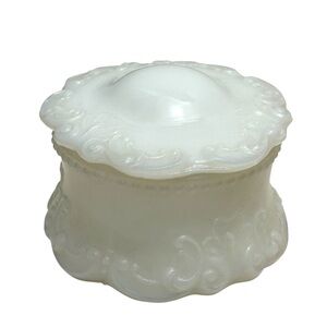 Vintage Kemple Lidded Milk Glass Powder Jar or Trinket Box Art Nouveau